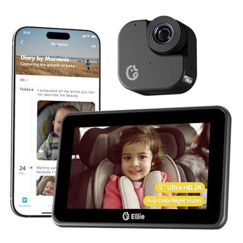 Ellie Baby Car Monitor, 2K UHD Backseat Monitor with Color Night Vision, Face Tracking, Dual Display for 2 Kids, Wide View Car Baby Camera, Smart Video Capture & App Control