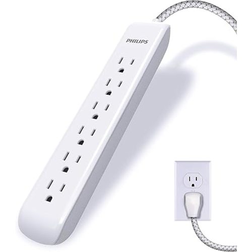 Philips 6-Outlet Surge Protector Power Strip, Designer Braided Power Cord, 10 Ft Power Cord, Flat Plug Extension Cord, Perfect for Office or Home Decor, 1080 Joules, ETL Listed, White, SPC3064WG/37