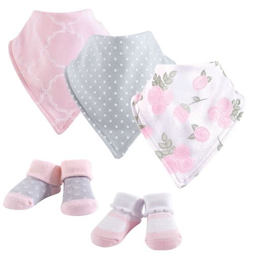 Hudson Baby Infant Girl Cotton Bib And Sock Set 5pk, Pink Rose, One Size