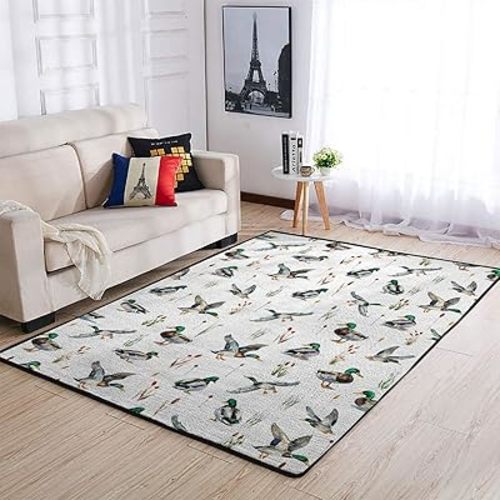 Watercolor Mallard Duck Hunting Area Rugs Baby Duck Hunting Nursery Decor Floor Carpet Rug Wild Duck Leaves Throw Mats for Kids Toddler Room Bedside Living Room Bathroom Kitchen Laundry 36x60inch