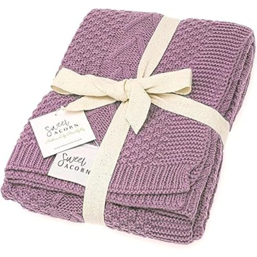 Knit Baby Blanket in Cable Pattern, Organic Cotton Blankets for Crib or Stroller, Receiving Blankets - Lilac Purple