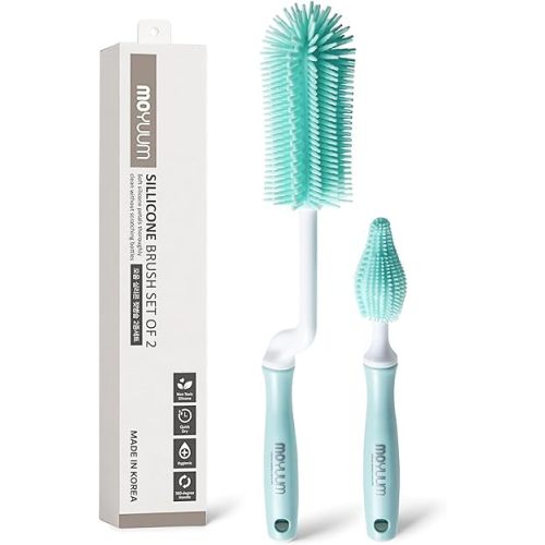 Moyuum Silicone Baby Bottle and Nipple Brush Set | Made in Korea, 360 Degree Rotating Handle, Soft Bristles, Hanging Hole for Quick Drying and Storage, Dishwasher Safe (Mint)