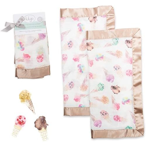 Lulujo Baby Cotton Muslin Security Blankets, Pack of 2, 16 x 16-Inches, Ice Cream