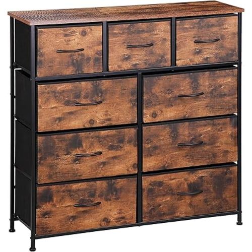 Dresser for Bedroom 9-Drawer Organizer Storage Drawers,Steel Frame & Wooden Top, Tall Chest of Drawers w/Fabric Bins for Closet, Living Room, Hallway