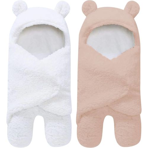 2 Pack Ultra Warm Sherpa Plush Baby Sleeping Swaddle Wrap - Newborn Essentials Must Haves for 0-6 Months - Baby Shower Registry Search Gifts for Boys Girls - Baby Stuff Accessories (Brown and White)