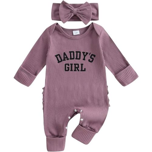 FIOMVA Im New Here Newborn Outfit Girl Long Sleeve Letter Romper Ribbed Knit Jumpsuit Baby Girl Preemie Coming Home Outfit