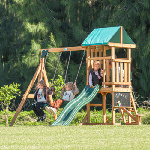 Dolphin Playground Wooden Outdoor Playset with Swings, Slide, and Playhouse - Durable Backyard Swing Set for Kids