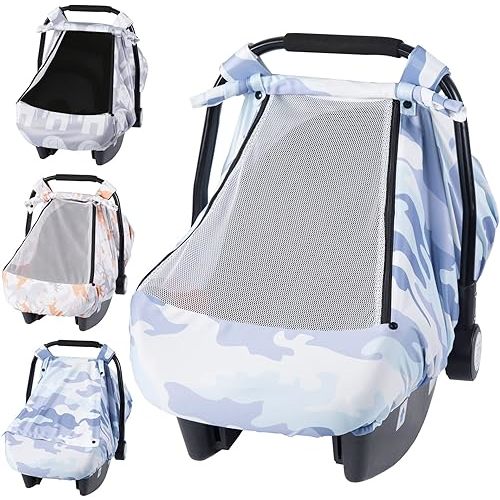 SMTTW Car Seat Cover for Babies, Stretchy Breathable Carseat Canopy with Peek Window, Multiuse Infant Stroller Cover for Baby Boys Girls, Privacy Sun Shade & Wind Protect for Summer (Camouflage)