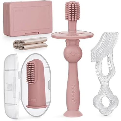 haakaa Training Toothbrush Set Oral Care Kit, Soft Silicone Toothbrush for Baby, Infants, Toddlers & Kids, Blush