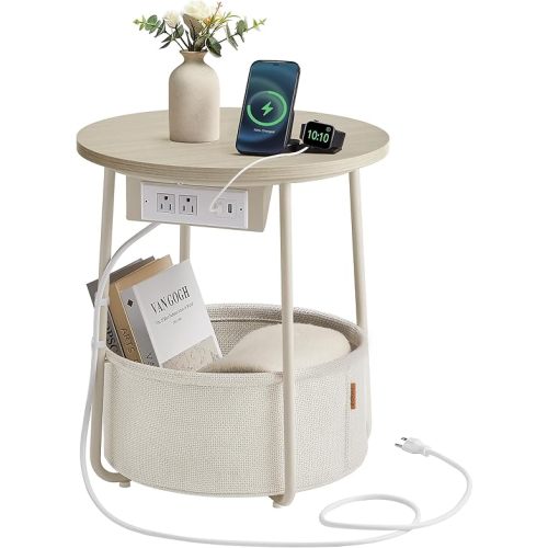 VASAGLE LILEA Collection - Side Table with Charging Station, Round End Table with Fabric Basket, Nightstand with USB Ports, for Living Room, Bedroom, Modern, Matte White and Camel Brown ULET228W01