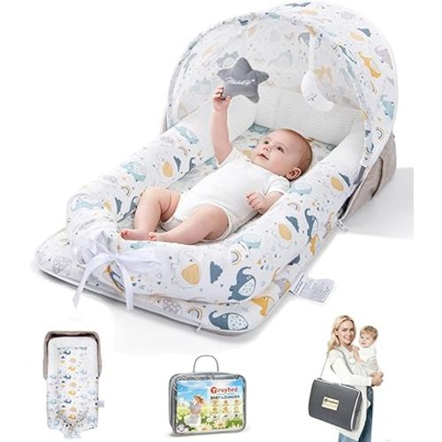 Baby Lounger with Canopy, Foldable Portable Infant Support Cushion for 0-12 Months Newborn, Soft Breathable Washable Baby Nest with Adorable Pattern, Perfect for Home Outdoor Supervised Awake Time
