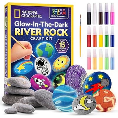 NATIONAL GEOGRAPHIC Glow in The Dark Rock Painting Kit - Crafts for Kids, Decorate 15 River Rocks with 15 Paint Colors & Art Supplies