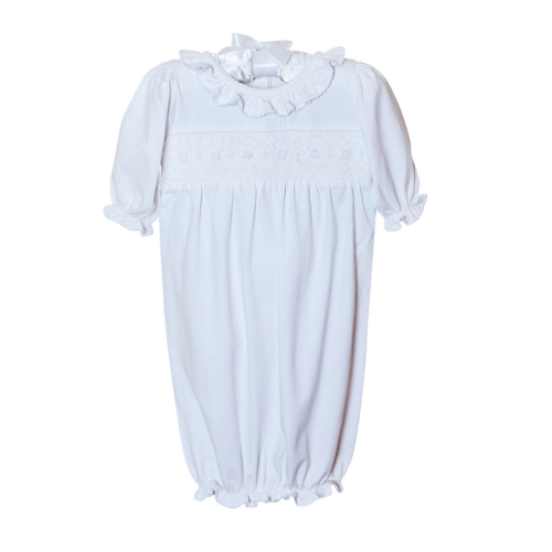 Smocked Baby Gown for Girl in White Knit