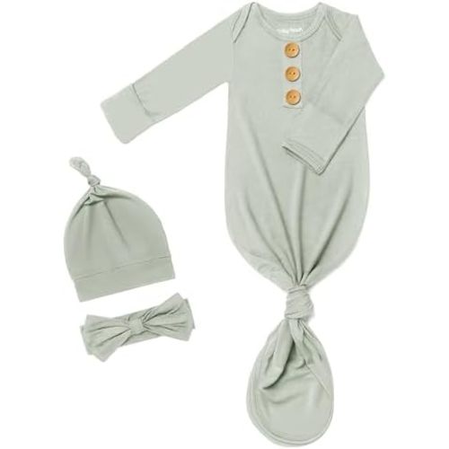 Soft Newborn Knotted Gown with Hairband and Hat, Baby Boy Girl Coming Home Outfit, Sleeper Baby Sleep Gown with Mittens