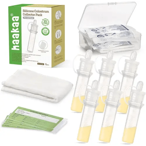 Haakaa 100% Silicone Sterile Colostrum Collector Kit, 4ml (6pcs), with Cotton Cloth Wipe and Storage Case, BPA Free, Reusable