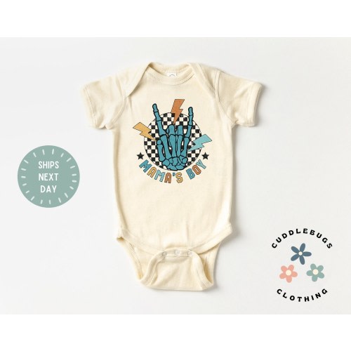 Mama's Boy ONSIES® Brand Bodysuit - Retro Boys Bodysuit - Mama's Boy Skeleton Hand - Natural Bodysuit - Baby Shower - New Baby Boy