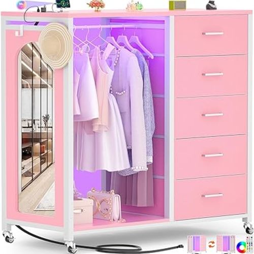 Cyclysio Dresser for Bedroom with Clothes Rack & Mirror, Pink 5 Drawers Dresser with Charging Station & LED Lights, Rolling Chest of Drawers with Wheels, Full Length Mirror, Wooden Top,Bedroom,Closet