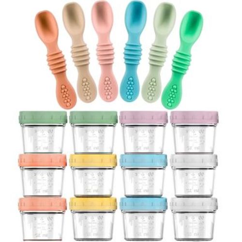 12-Pack Glass Baby Food Storage Jars with Lids, 6-Pack Silicone Baby Self-Feeding Spoons – BPA-Free, Leakproof, Freezer Safe Jars