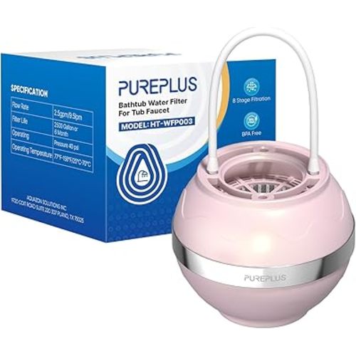 PUREPLUS Bathtub Bath Water Filter for Tub, 8 Stages Kinder Filter for Bathtub, 2500 Gallons Filtration, Removes Contaminants for Softer Skin and Hair, Reduces Chlorine & Heavy Metals, BPA Free, Pink