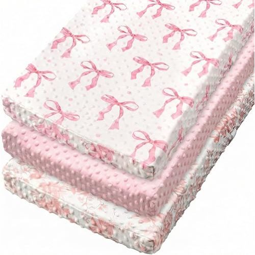 3 Pcs Pink Bow Baby Changing Pad Covers, Flowers Changing Table Cover for Girls, 32 x 16 in Minky Table Sheets, Soft Velvet Nursery Decor, Baby Items