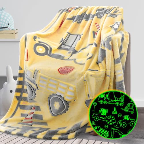 REXEO Glow in The Dark Truck Blanket for Kids - Cute Soft Excavators Fleece Construction Toddler Boy Blanket - Birthday Gifts