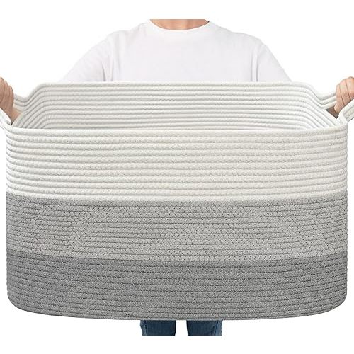 Goodpick Storage Basket, 21.6" x 14.9" x 11.8", Blanket Basket for Living Room, Large Woven Basket for Storage, Toy Organizer, Rectangle Rope Baskets for Organizing, Grey