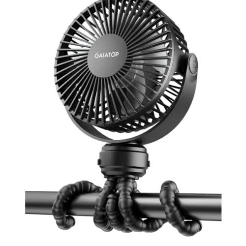 Gaiatop Mini Portable Stroller Fan, Battery Operated Small Clip on, Detachable 3 Speed Rechargeable, 360° Rotate Flexible Tripod Better Cooling for Car Seat Crib Treadmill Travel Black