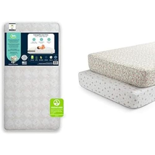 Serta Tranquility Eco Firm Innerspring Crib and Toddler Mattress + Delta Children Fitted Crib Sheets for Girls and Boys (Pack of 2), Pink Floral (Bundle)