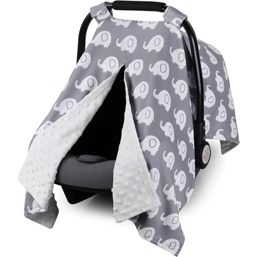 Rquite Car Seat Cover Baby, Carseat Covers for Boy Girl, Minky Infant Car Seat Cover Winter, Peekaboo Opening Car Seat Canopy, Multiuse Baby Carrier, Stroller, Nursing Cover, Minky Blanket, Elephant