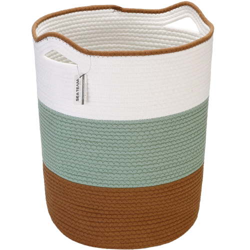 Sea Team Large Size Cotton Rope Woven Storage Basket Laundry Hamper with Handles, 14 x 20 inches, Green & Brown