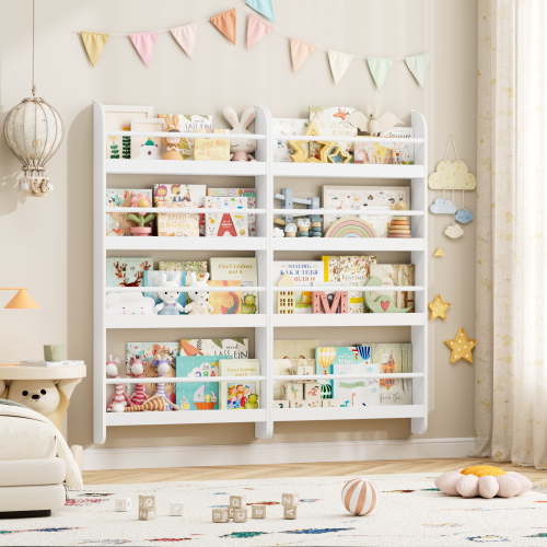Homfa 4-Tier Wall Bookshelf Set of 2, 44.5"H Wall-Mounted Kids Bookshelf, Book Storage Rack for Kids Room, White