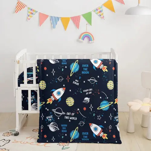 Datura home Crib Bedding Set,3pcs Nursery Crib Bedding with Comforter Crib Sheet & Crib Skirt,Watercolor Butterfly Printed Nursery Bedding for Baby Boys and Girls(Space)