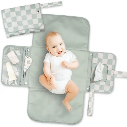 Tiny Twinkle Portable Diaper Changing Pad | Waterproof, Wipeable & Compact Baby Changing Pad for Travel | Smart Wipes Pocket & Organized Storage| Newborn Shower Gift (Sage Checkers)