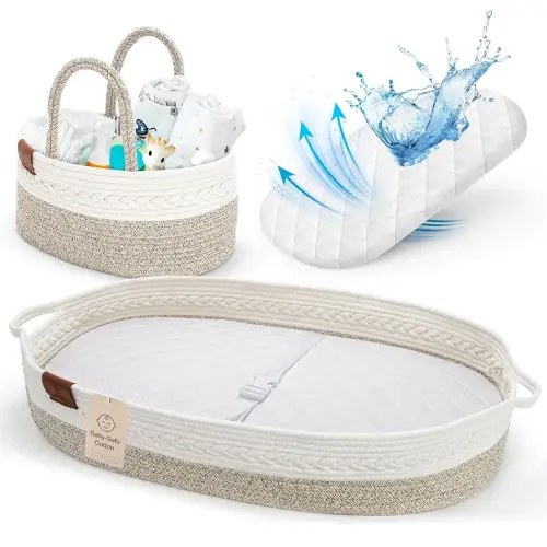Deluxe Baby Changing Basket for Baby Dresser, Baby Moses Baskets for Newborn, Cotton Diaper Bassinet, Unisex Moses Basket for Babies, Foam Change Diaper Changing Pad for Dresser, Changing Table Topper