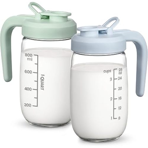 2 Pack Breast Milk Pitcher 32 OZ, Heat & Cold Resistant, Sudden Temperature Safe, Fast Baby Formula Maker with Wide Mouth, No Leak Glass Fridge Storage Container for Juice, Cold Brew-Blue, Green