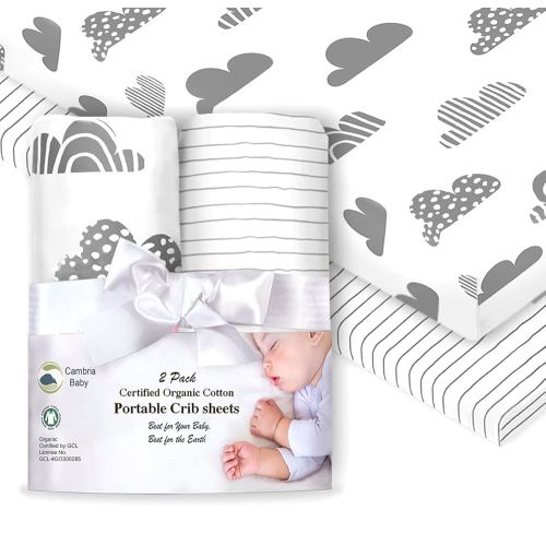 100% Organic Cotton Fitted Sheets for Graco Pack n Play, Babyletto, Pamo Babe, Hiccapop, Dream on Me, Evenflo, Baby Trend, Hygge Hush Portable/Mini Crib/Playards. Cloud and Stripe Pattern