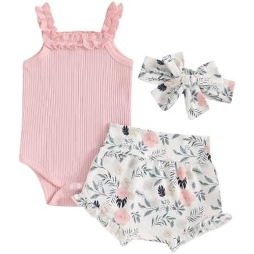 CIYCUIT Newborn Baby Girl Summer Clothes Ruffle Sleeveless Ribbed Top Bloomers Shorts Set