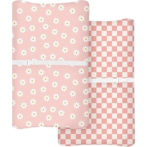 Changing Pad Cover for Baby Boys Girls 2 Pack, Fits Standard 32”×16” Changing Table Pads, Silky Breathable Stretch Knit, Machine Washable (Daisy Check)