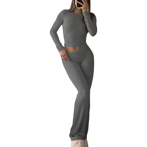 Women's 2 Piece Casual Pajama Set-Slim Fit Long Sleeve Top Low Rise Bell Bottoms-Versatile Yoga Loungewear
