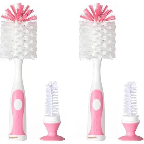 Multifunctional Cleaning Brush, Baby Bottle Brush, Bottle Brush Cleaner (Rotate The Suction Cup to Obtain The Small Bristle Brushes) Set Z, Pink, Nylon and Nylon Brush