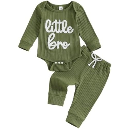 Tsnbre Baby Boy Clothes Little Brother Embroidery Ribbed Long Sleeve Romper Pants Set Newborn Fall Winter Outfits