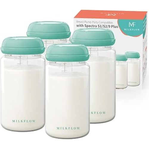 Breast Milk Storage Bottles, 4 Pack 10oz/300ml Wide Neck BPA-Free Plastic Bottles for Pumping, Compatible with Spectra S1/S2/9 Plus/SG & Motif Luna, Leak-Proof Lids for Storage, Feeding & Travel