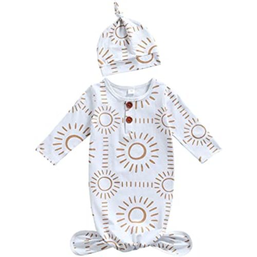 Newborn Baby Boy Girl Knotted Gowns Long Sleeve Printed Sleeping Bag Coming Home Outfit Nightgown Pajamas Hat Set