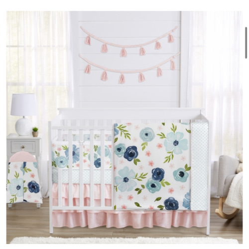 Watercolor Floral Navy Blue And Pink Collection Sweet Jojo Designs 6 Piece Crib Bedding + BreathableBaby Breathable Mesh Liner