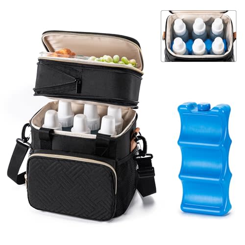 Breastmilk Cooler Bag with Ice Pack Fits 6 Baby Bottles Up to 9 Ounce, Expandable Double-layer Leak-Proof Cooler Bag with Shoulder Strap for Nursing & Working Mom, Black