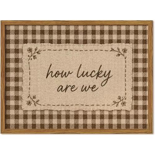 Framed How Lucky Are We Wall Art, Vintage Farmhouse Inspirational Quotes Pictures Wall Decor, Rustic Brown Gingham Paintings Canvas Prints Cottagecore Home Decor for Living Room Bedroom 12x16 inch