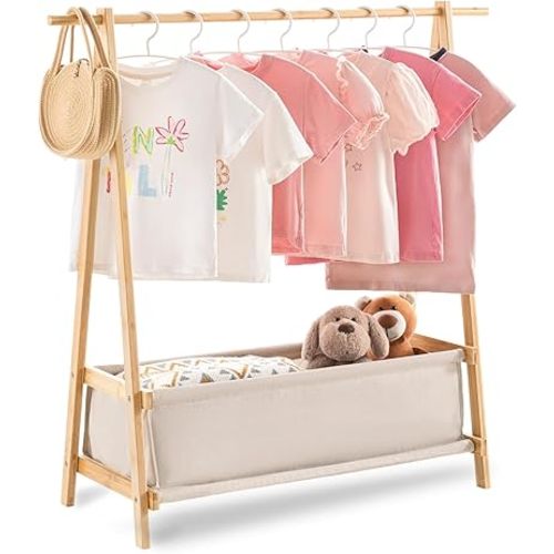 Kids Clothing Rack with Storage Box, Kids Dress Up Rack, Dance Costume Garment Rack for Hanging Clothes,Garment Rack for Hanging Clothes Organizer, Bamboo (Natural)