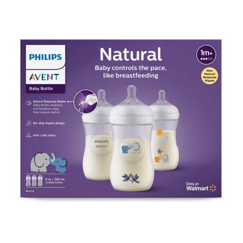 Philips Avent Natural Baby Bottle With Natural Response Nipple, With Blue Elephant Design, 3x9oz Bottles, SCY903/63 - Walmart.ca