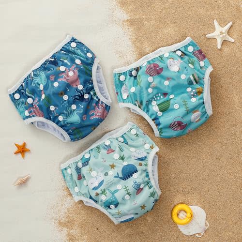 HappyFlute Swim Diapers–Reusable Infant Boy Swimsuit & Swimwear for Newborns,Toddlers(0-3years,10-40lbs)–Perfect Baby Swim Diapers for Beach&Pool Time (Ocean Blue)