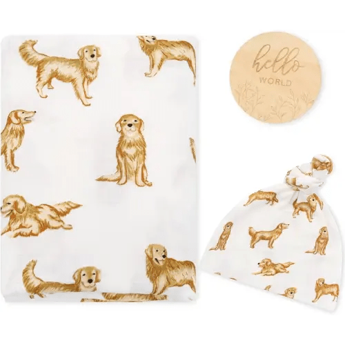 LifeTree Muslin Swaddle Blankets, Muslin Baby Boy Swaddle Blanket and Hat Set with Birth Announcement Card, Newborn Unisex Neutral Receiving Blankets Golden Retriever Pattern